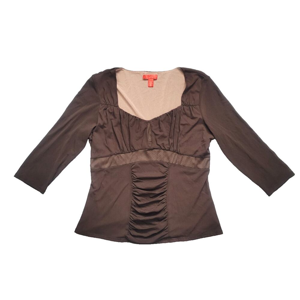 Vintage Y2K Babydoll Ruched Milkmaid Mesh Top Size XL Brown Forest Fairy Boho